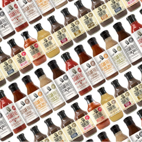 Display of G Hughes sauces in a kitchen setup.