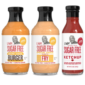 G Hughes Sugar Free Burger Sauces Variety Pack bottle on shelf, gluten-free and sugar-free.