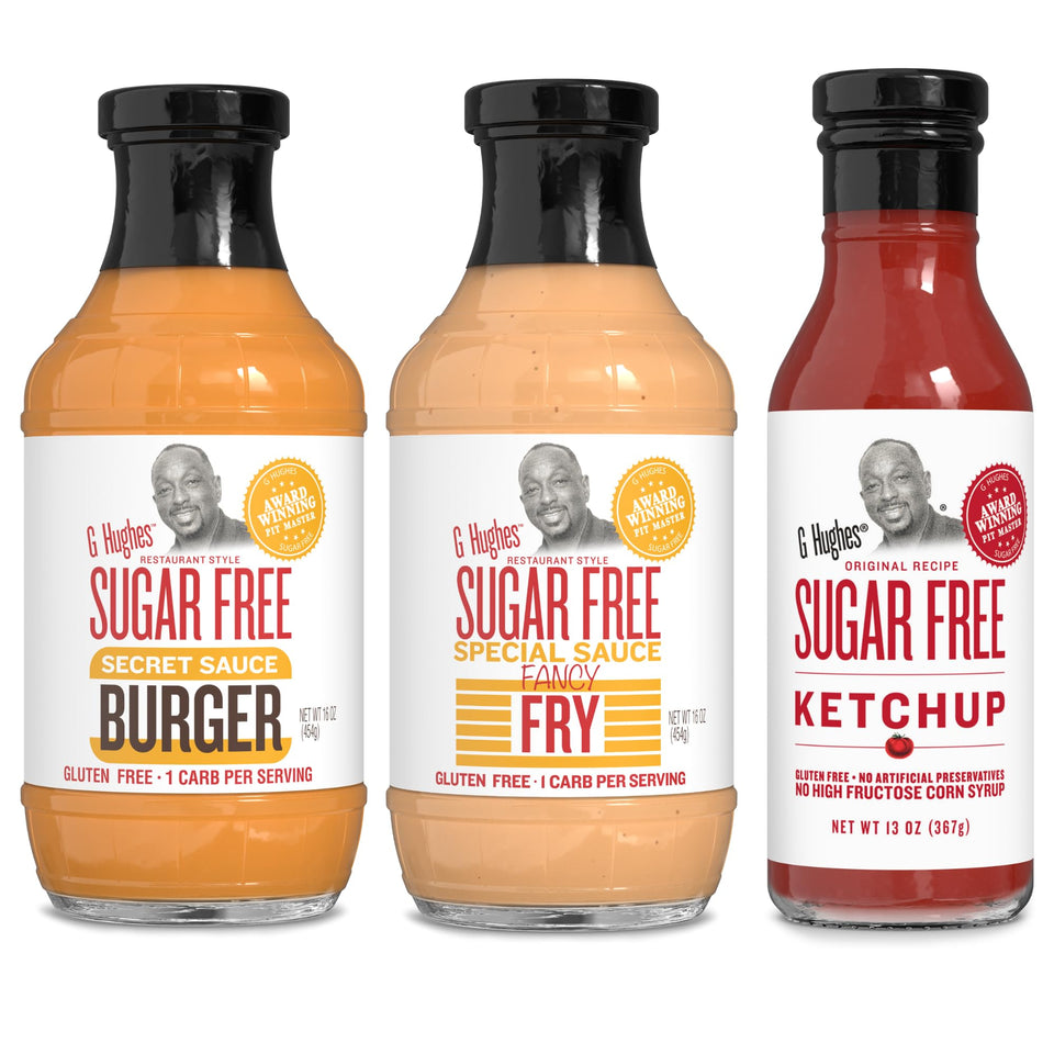 G Hughes Sugar Free Burger Sauces Variety Pack bottle on shelf, gluten-free and sugar-free.