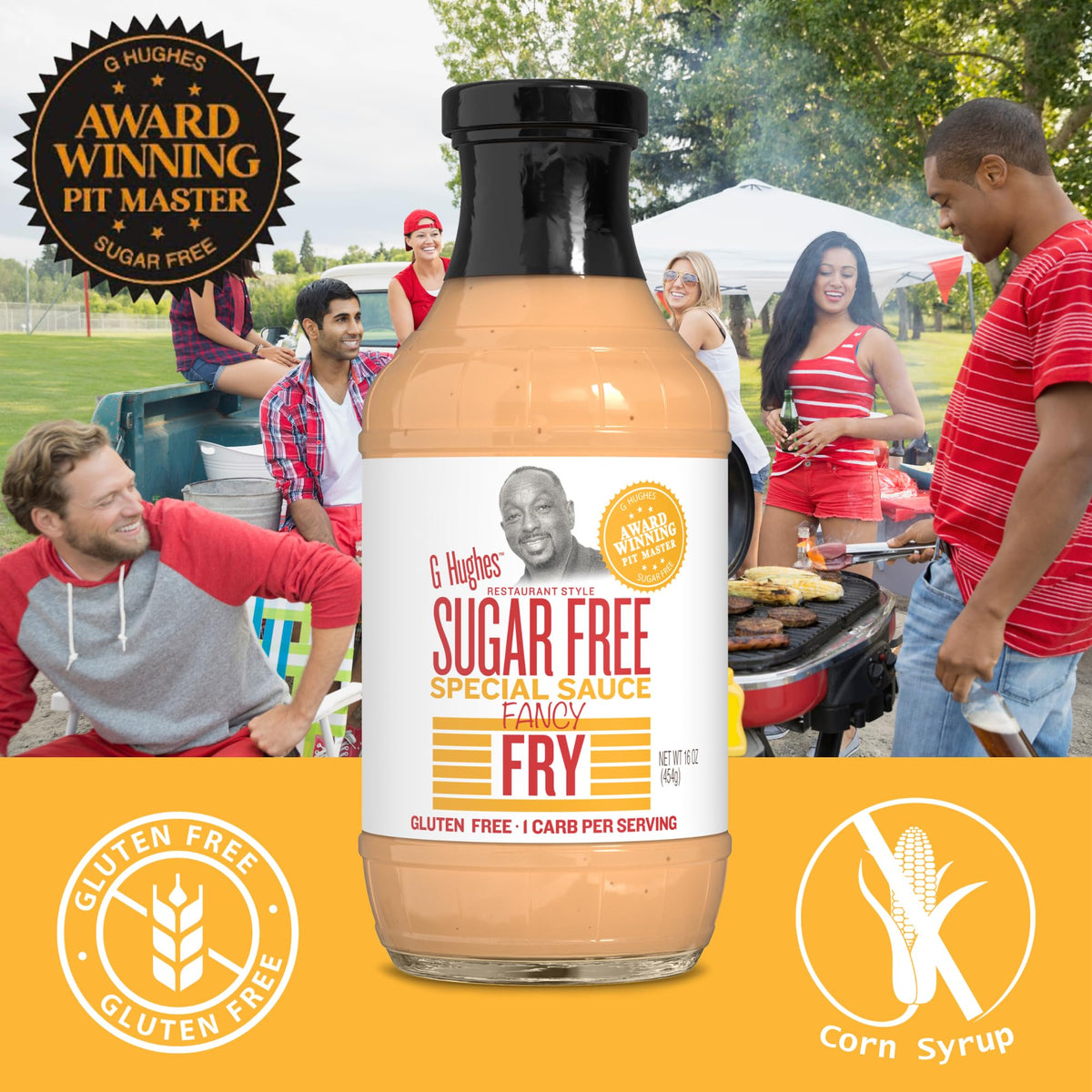 Diet-friendly sauce shown with burgers and fries