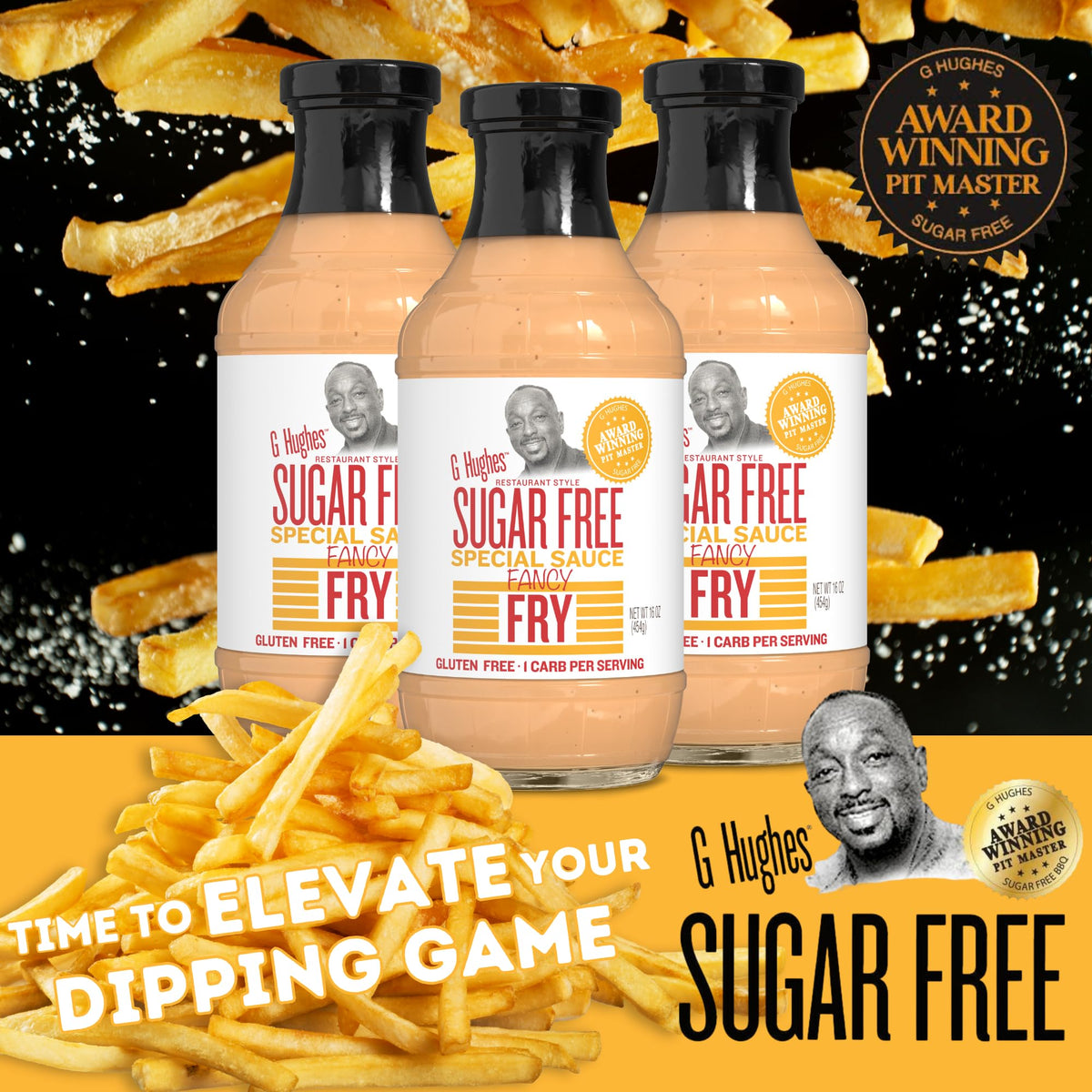 G Hughes Sugar Free Fancy Fry sauce poured over a burger; sugar-free, low carb