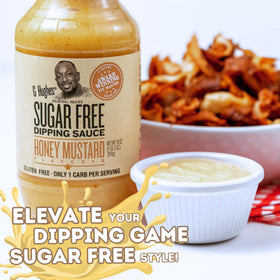 Three-pack display of G Hughes Sugar Free Honey Mustard Dipping Sauce