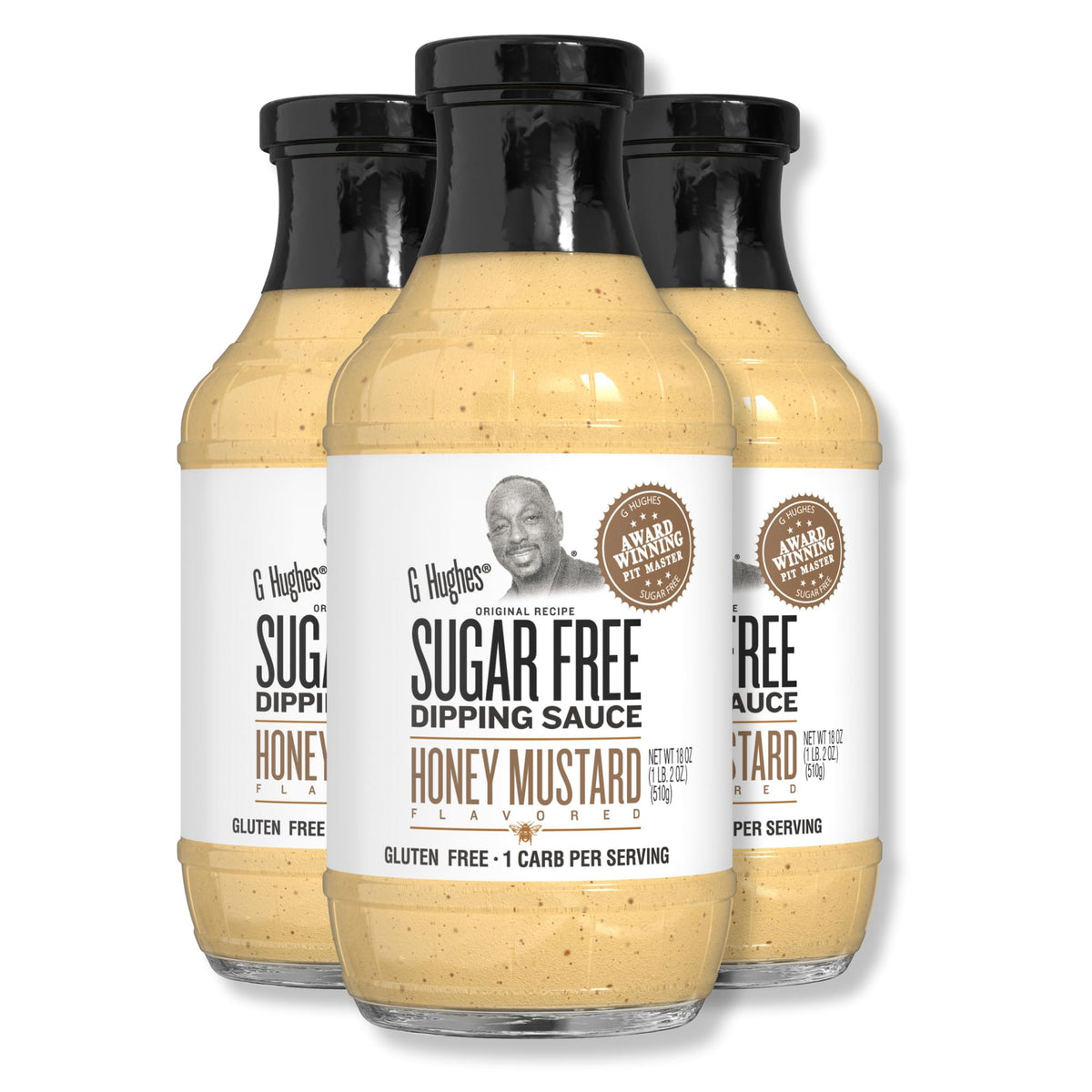 G Hughes Sugar Free Honey Mustard bottle on a kitchen counter with gluten free label