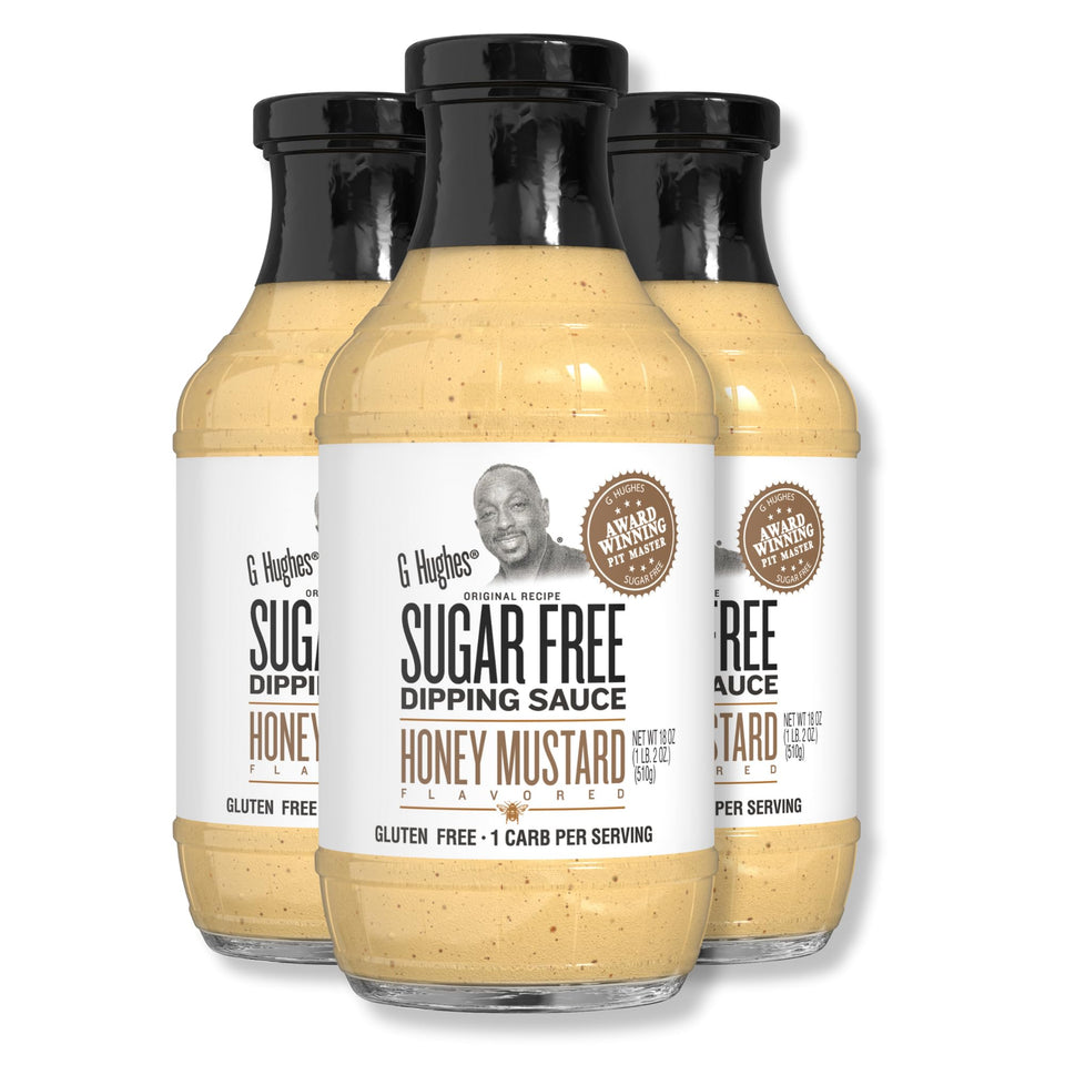 G Hughes Sugar Free Honey Mustard bottle on a kitchen counter with gluten free label