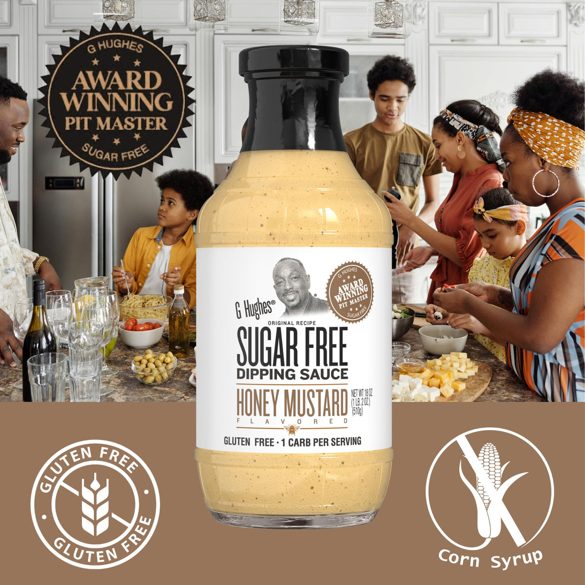 Bottle shown with gluten free icon near the kitchen setup