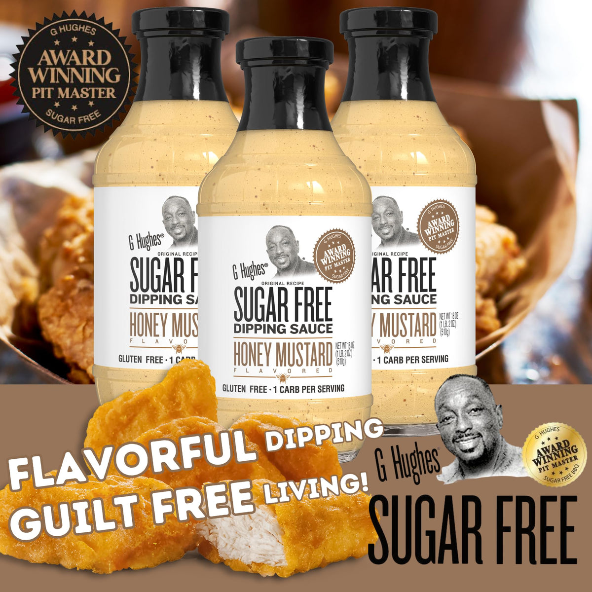 Pouring G Hughes Sugar Free Honey Mustard into a small bowl