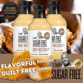 Pouring G Hughes Sugar Free Honey Mustard into a small bowl