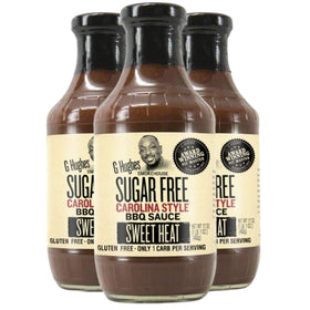 G Hughes Sugar Free Sweet Heat Carolina BBQ Sauce bottle pour for low-carb meals