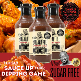 G Hughes Sugar Free Sweet Heat Carolina BBQ Sauce glaze on a dish