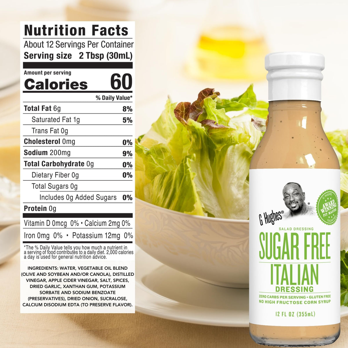G Hughes Sugar Free Balsamic Vinaigrette bottle enhances bowls.