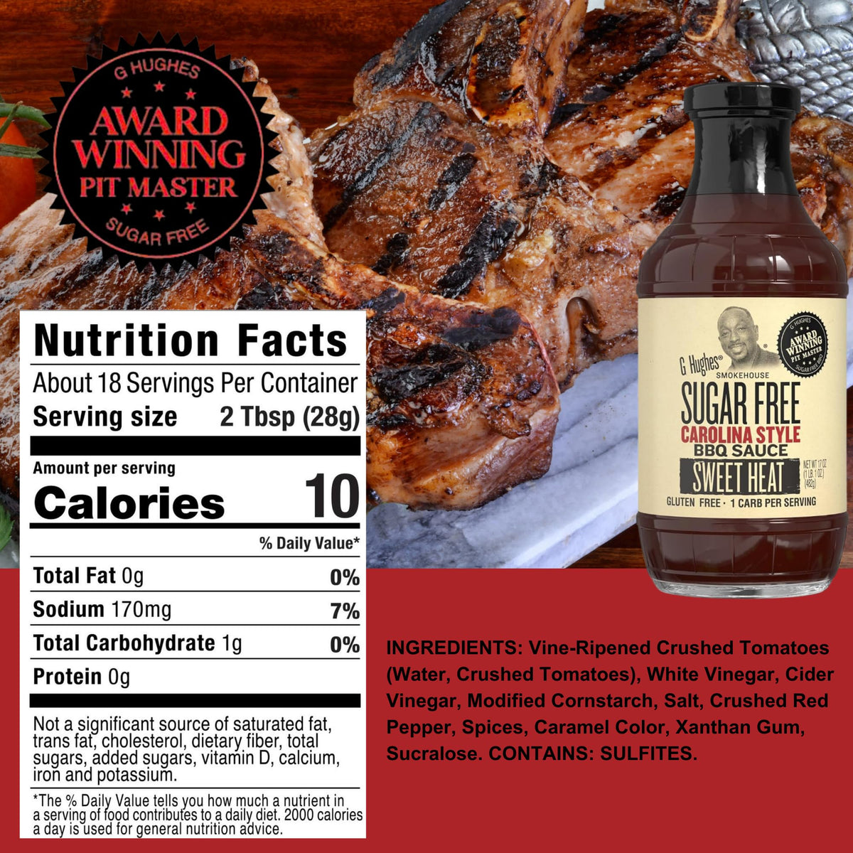 G Hughes Sugar Free Mesquite BBQ bottle with glossy label for pantry display