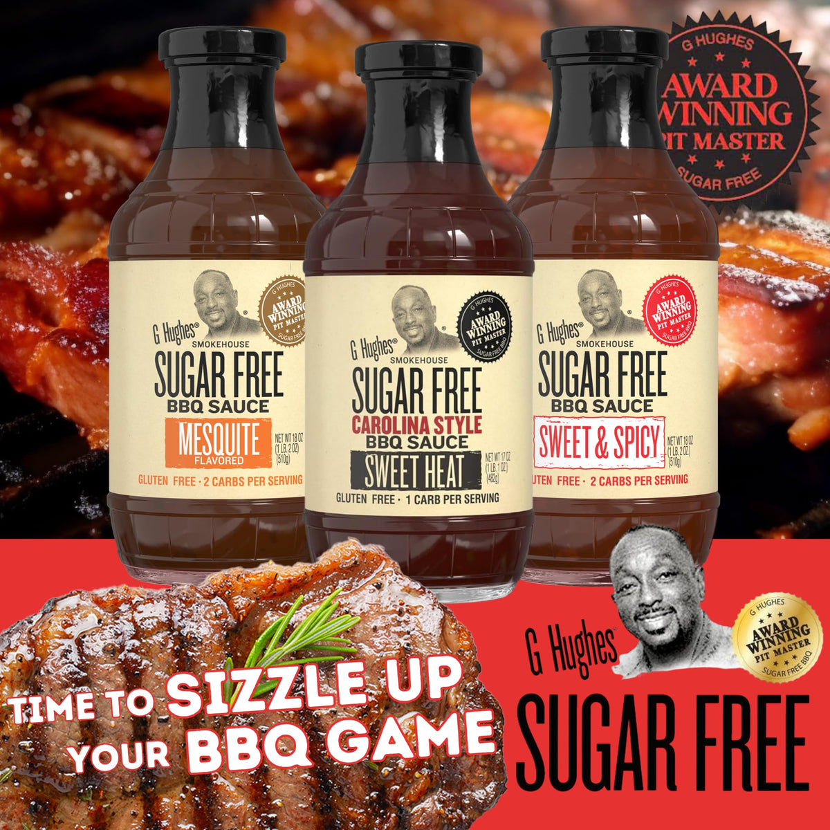 G Hughes Sugar Free Sweet Heat BBQ bottle close-up for tangy heat glaze