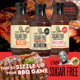 G Hughes Sugar Free Sweet Heat BBQ bottle close-up for tangy heat glaze