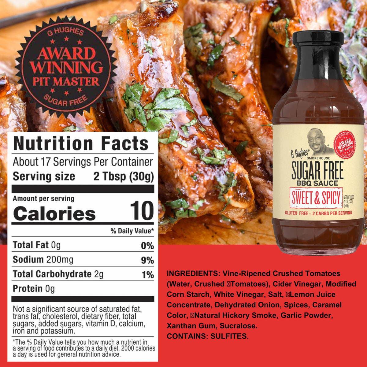 G Hughes Sugar Free Sweet Heat BBQ bottle pour over grilled chicken