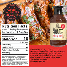 G Hughes Sugar Free Sweet Heat BBQ bottle pour over grilled chicken