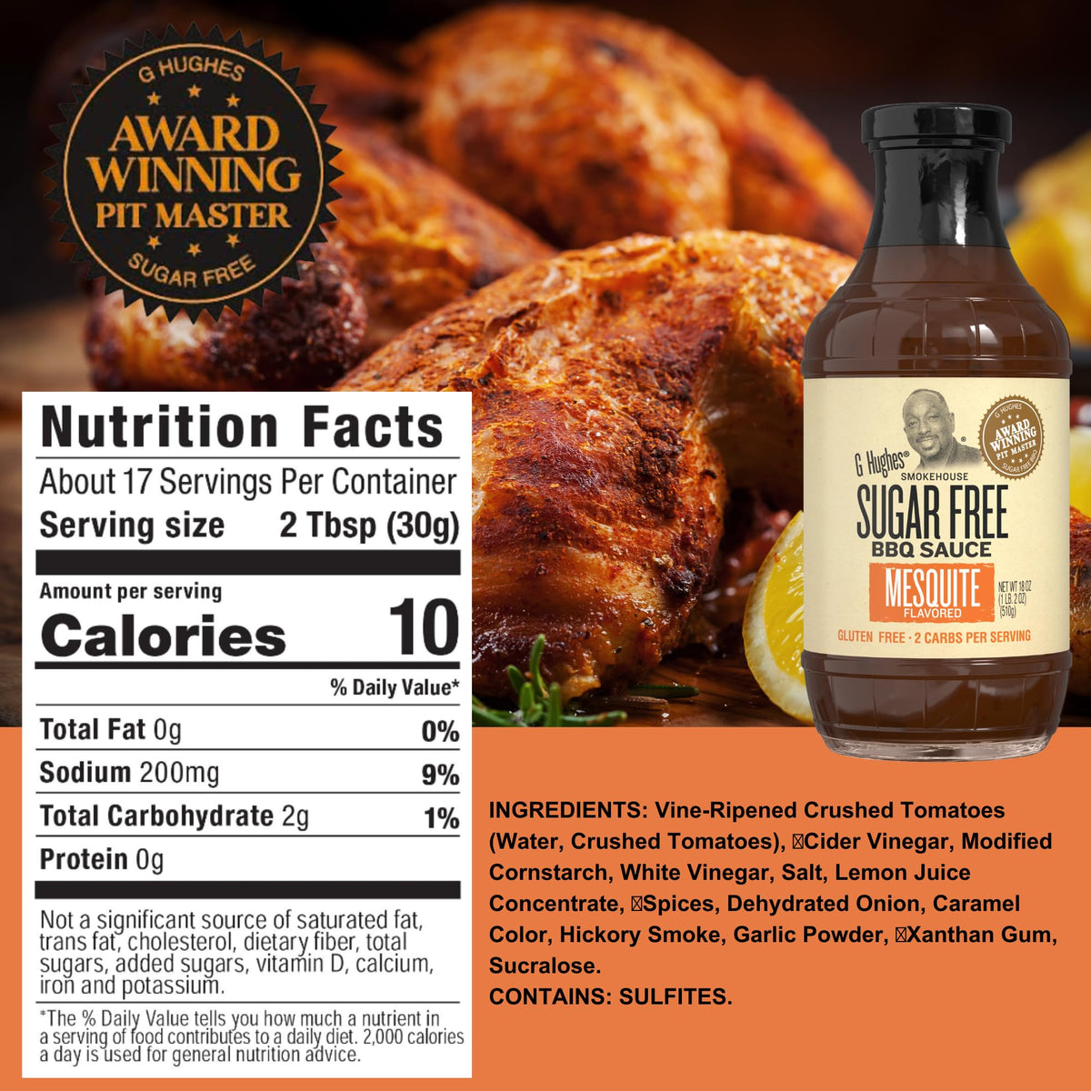 G Hughes Sugar Free Sweet Spicy BBQ bottle pour for zesty ribs