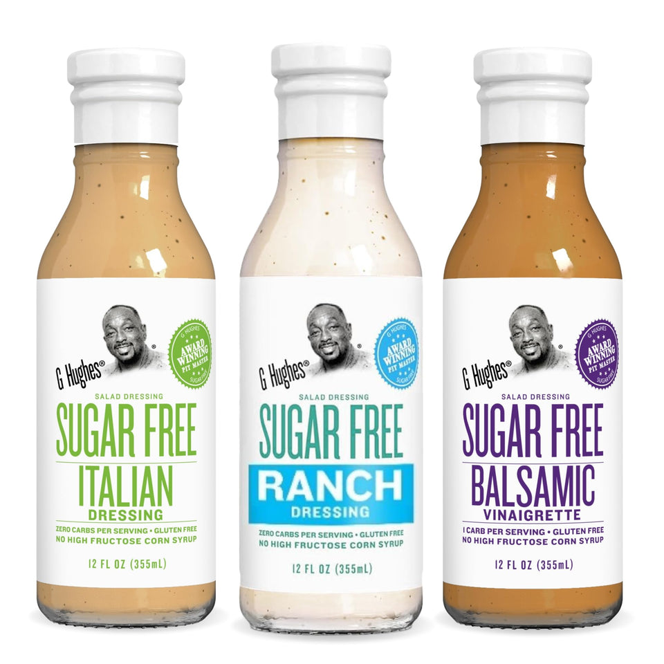 G Hughes Sugar Free Ranch dressing bottle on shelf for salads.