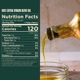 Giadzy extra virgin olive oil pour shows unfiltered, vibrant finishing touch.