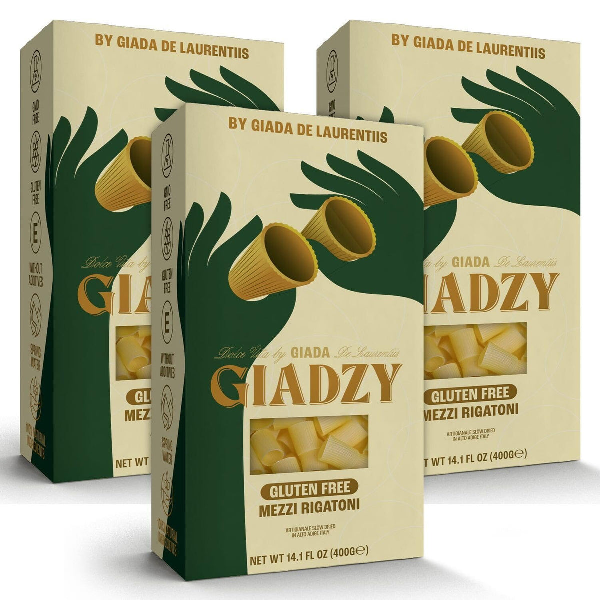 Giadzy Mezzi Rigatoni gluten-free pack on kitchen counter for quick weeknight meals.
