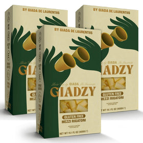Giadzy Mezzi Rigatoni gluten-free pack on kitchen counter for quick weeknight meals.