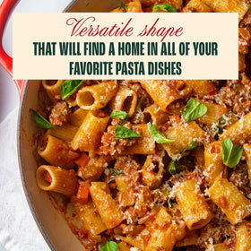 Giadzy Mezzi Rigatoni served on a rustic plate, perfect for family dinners.