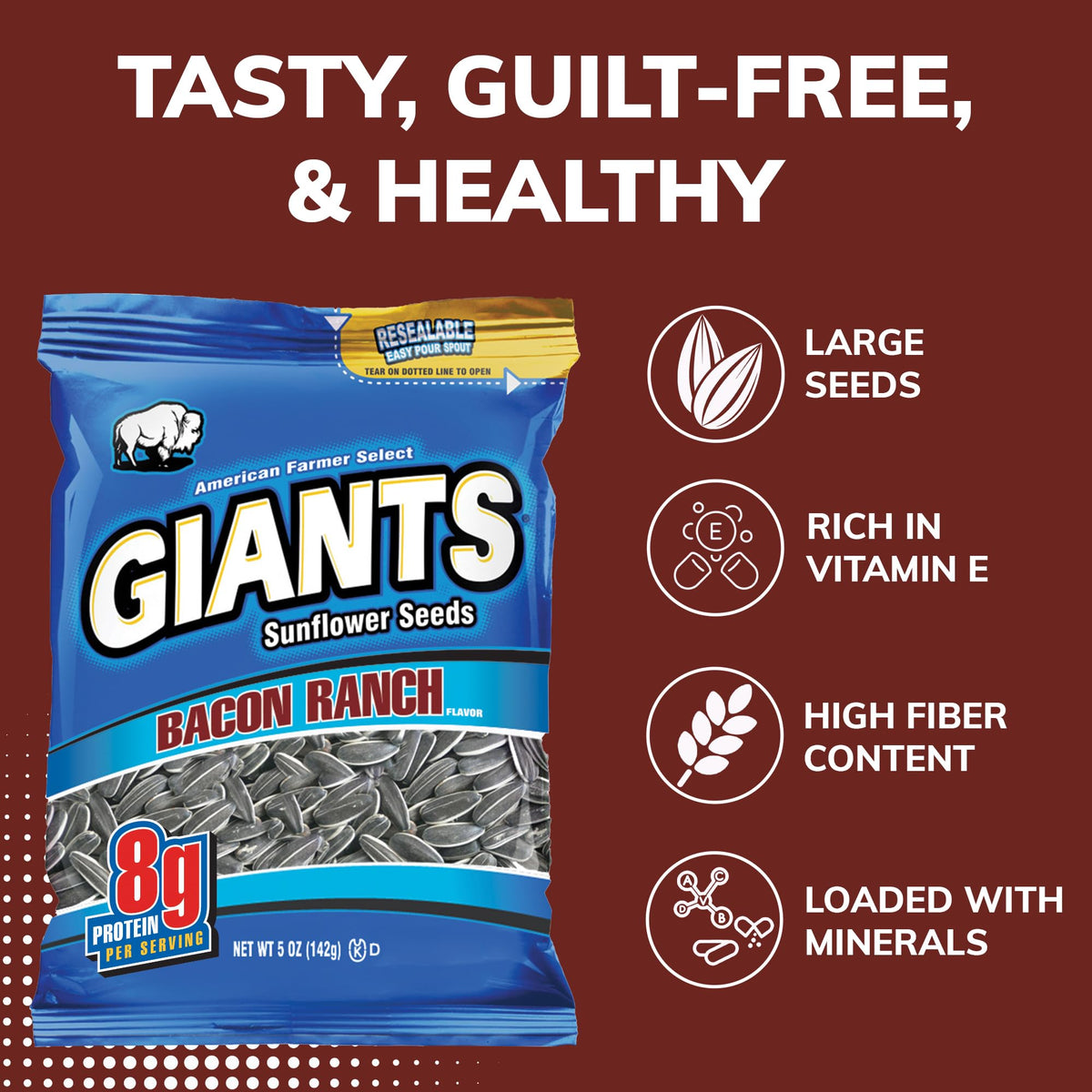 GIANTS Bacon Ranch Sunflower Seeds in hand, convenient protein snack.