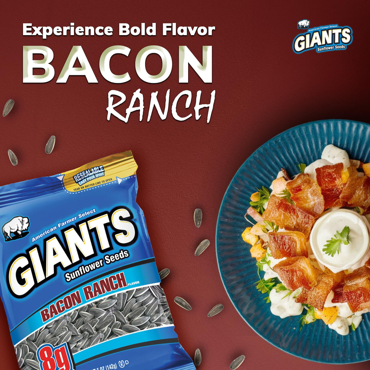 GIANTS Bacon Ranch Sunflower Seeds 5 oz retail pack on the shelf.