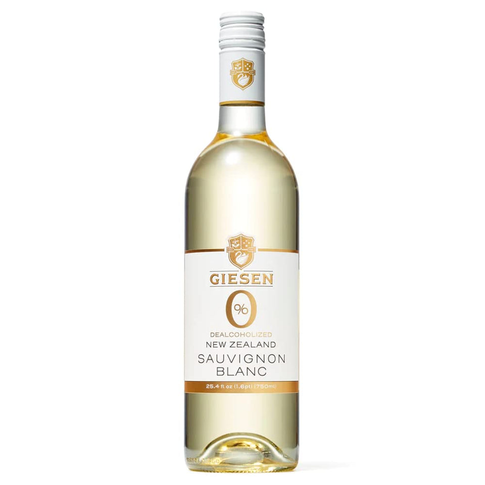 Giesen 0% Sauvignon Blanc bottle shows alcohol-free elegance for gatherings.