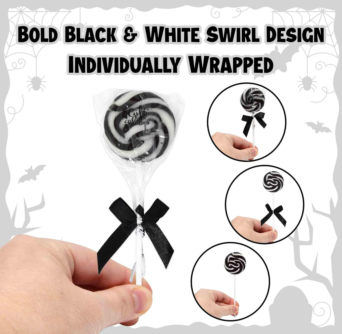 Gift Boutique lollipops with black ribbon bows for chic event presentation.