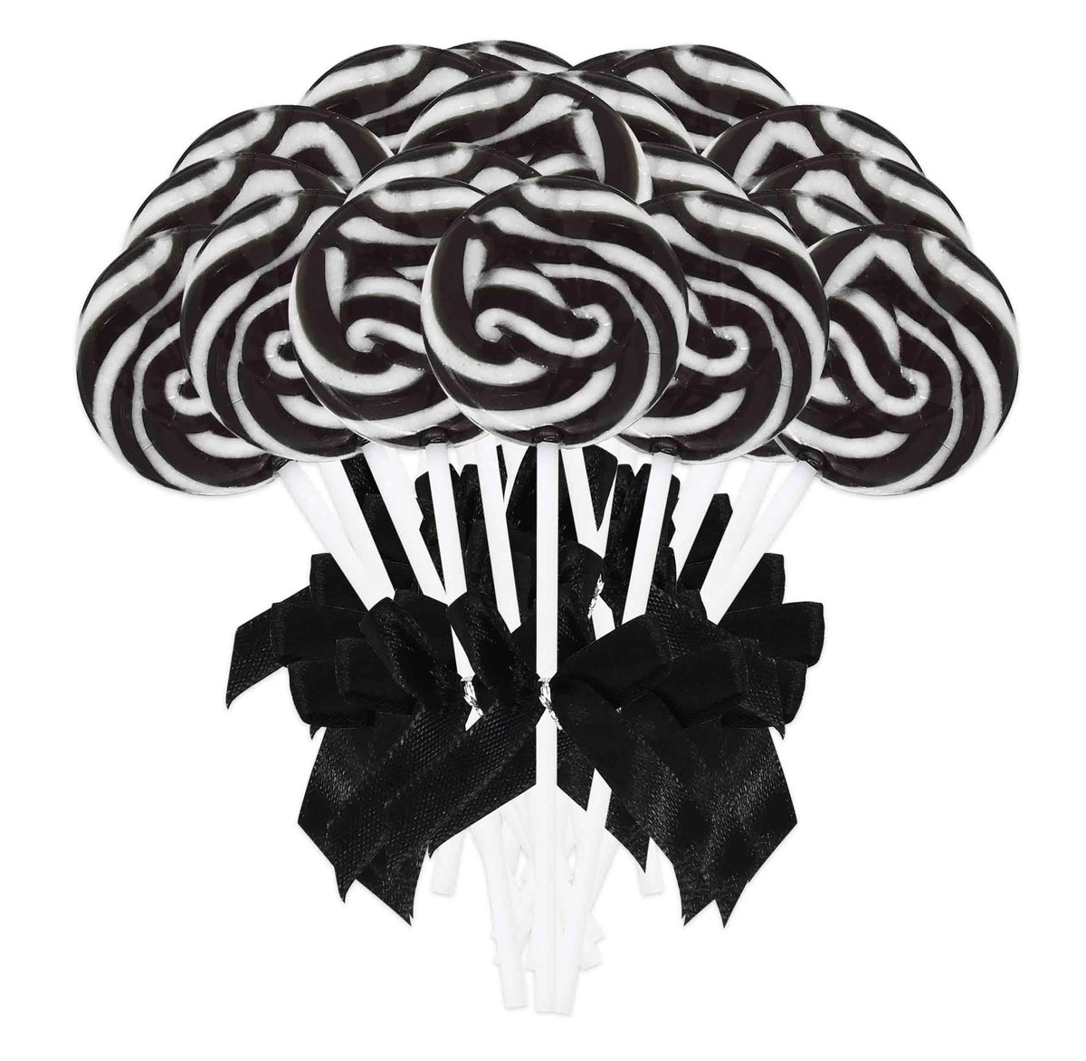 Gift Boutique black and white swirl lollipops on a plate for an elegant party display and guest candy table.