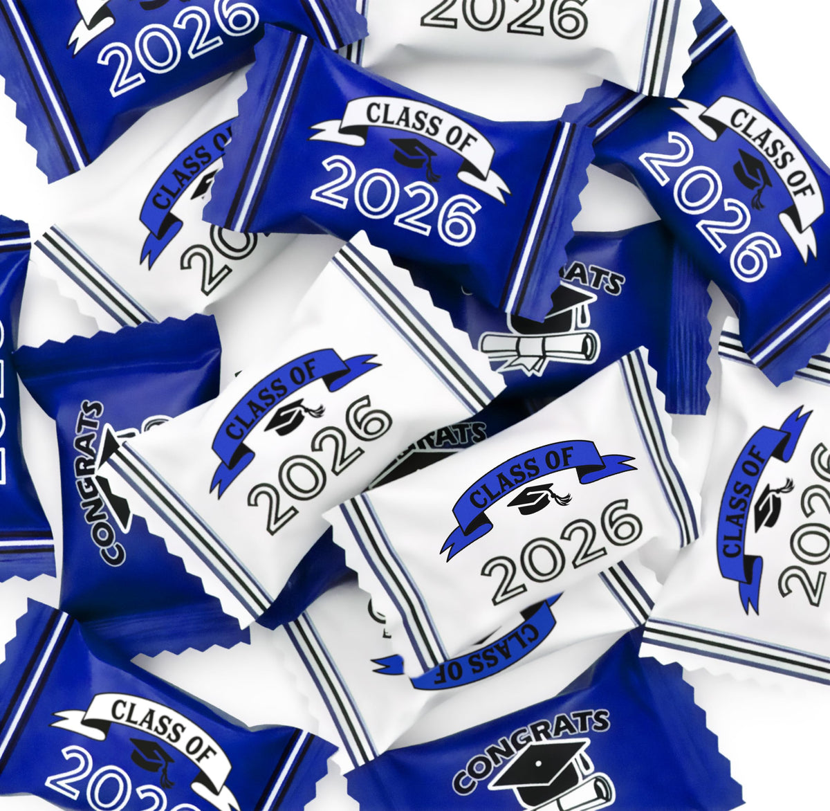 Gift Boutique mortarboard design mints in blue and white decor.