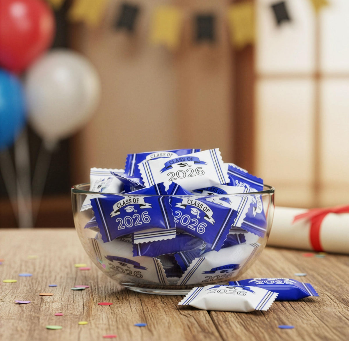 Gift Boutique individually wrapped graduation mints for coffee service.