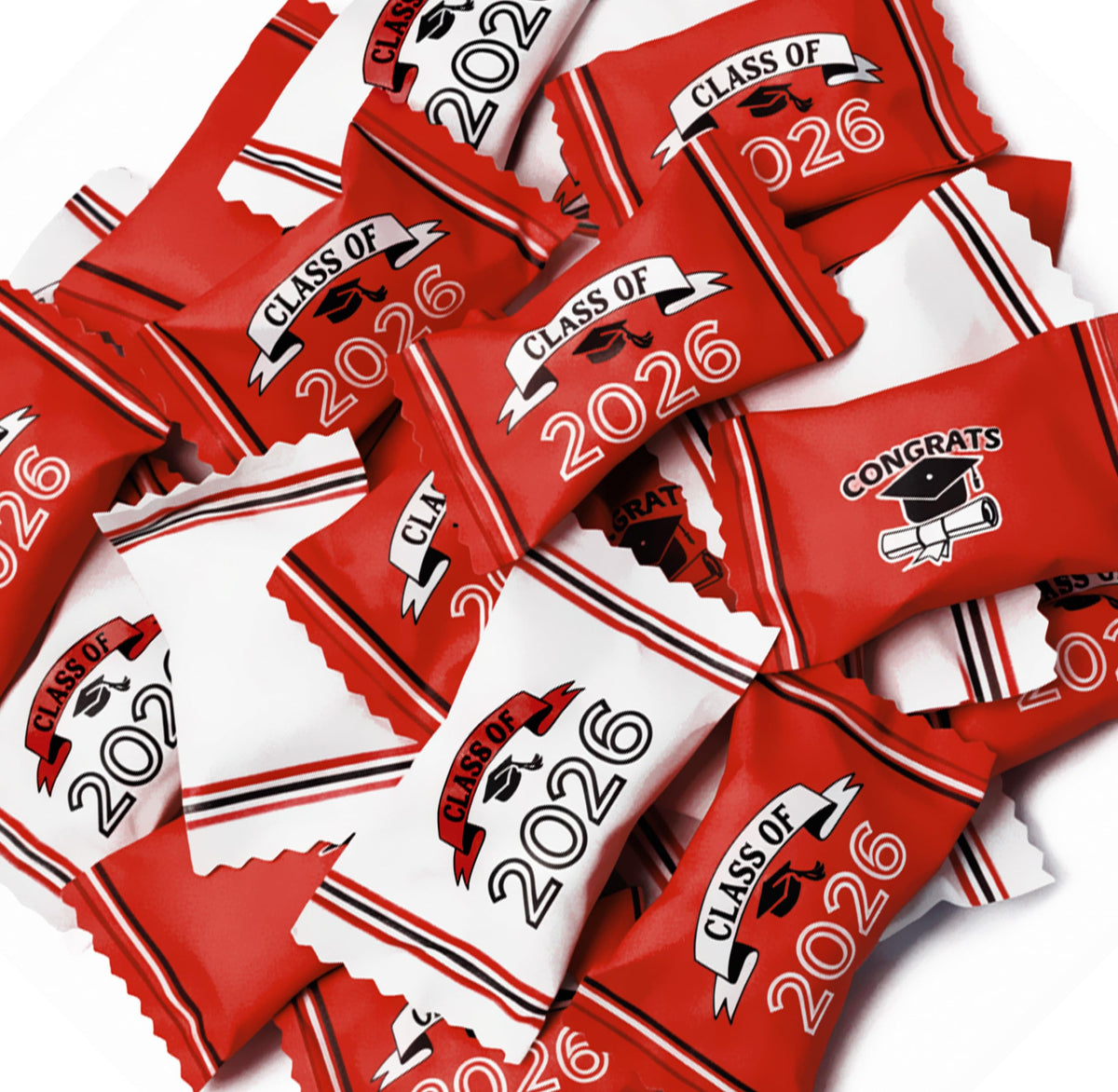 Gift Boutique mortarboard design butter mints in red white black for festive decor.