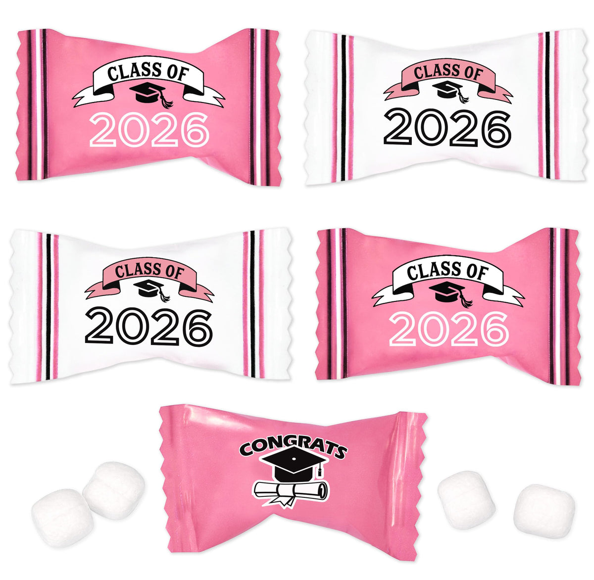 Gift Boutique pink graduation butter mints arranged in a candy tray for celebrations.