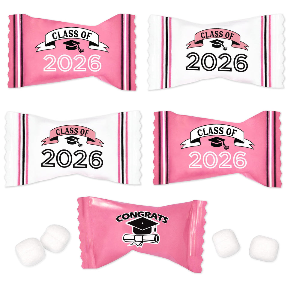 Gift Boutique pink graduation butter mints arranged in a candy tray for celebrations.