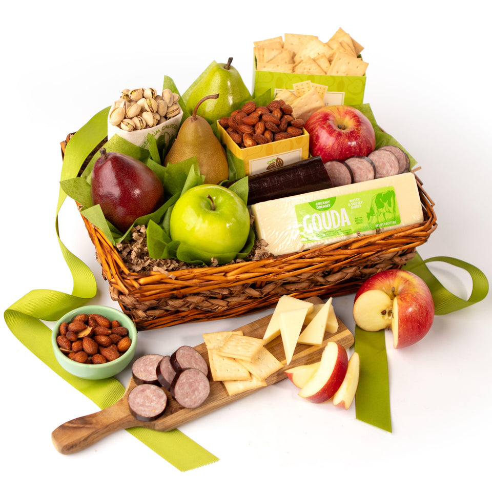 Fruitfully Green Label Gouda in Gift Inside basket for gourmet gifting