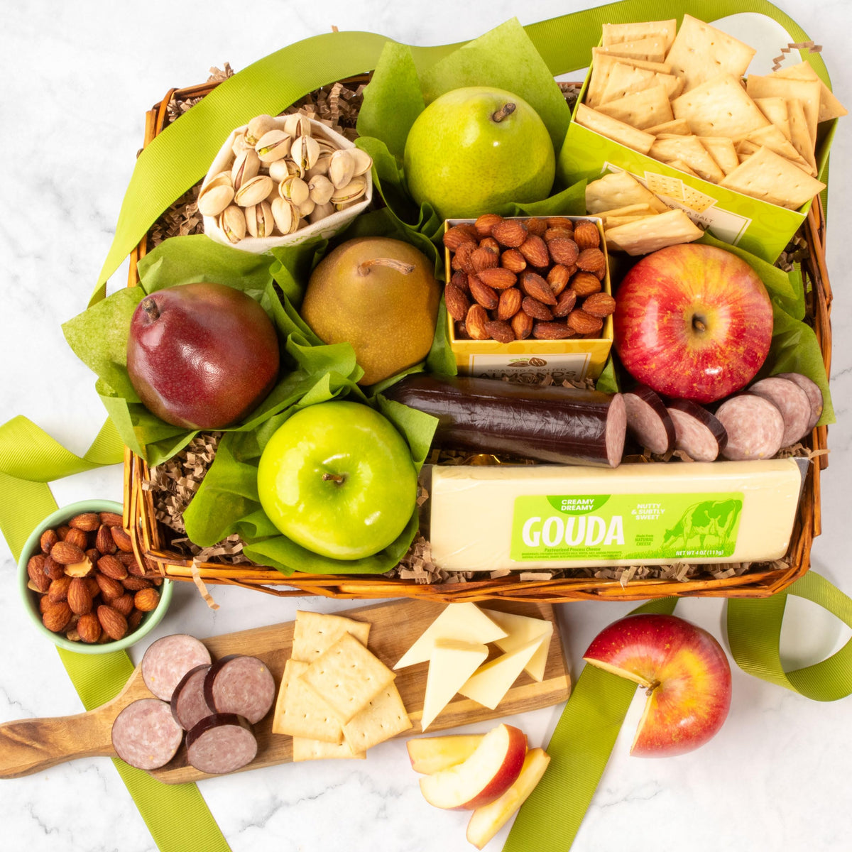 Fruitfully summer sausage pairs with cheese for savory tastings in a Gift Inside basket