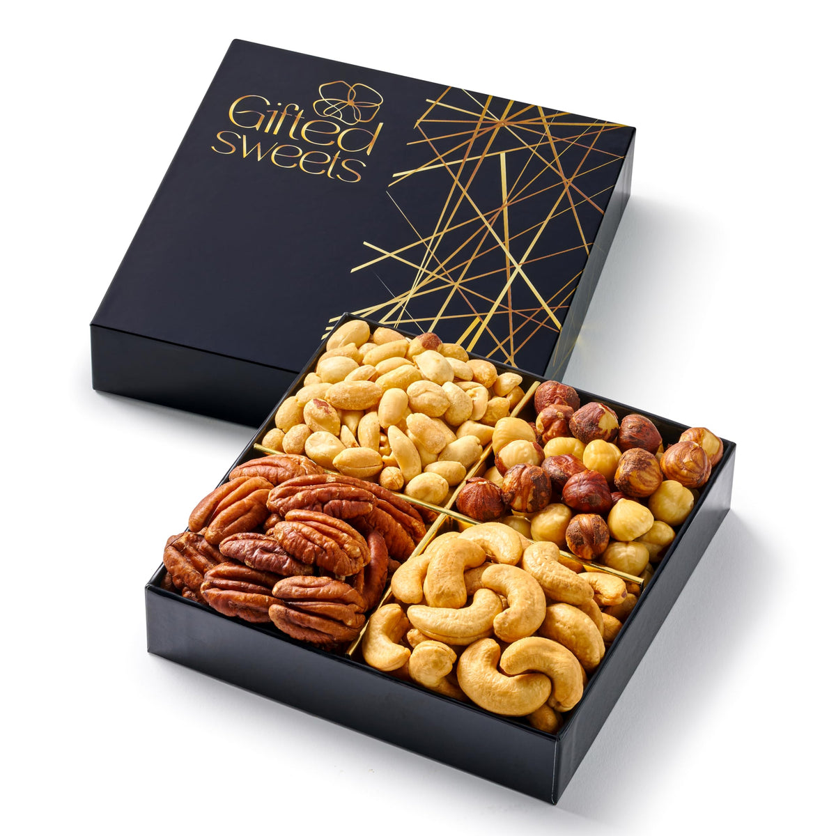 Gifted Sweets roasted-nuts-assortment showing cashews, pecans, hazelnuts, and peanuts for gourmet snacking.