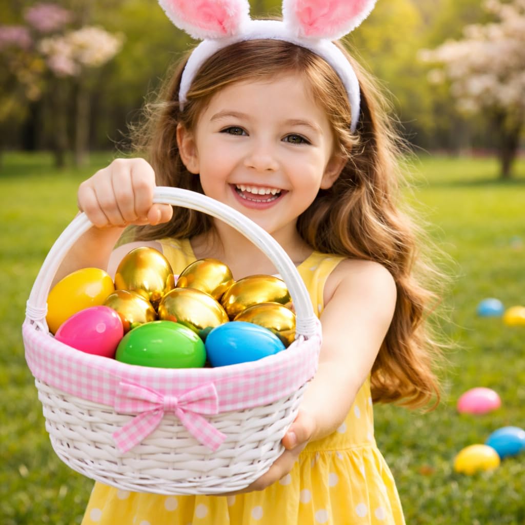 GiftExpress Easter basket decor with metallic gold eggs.
