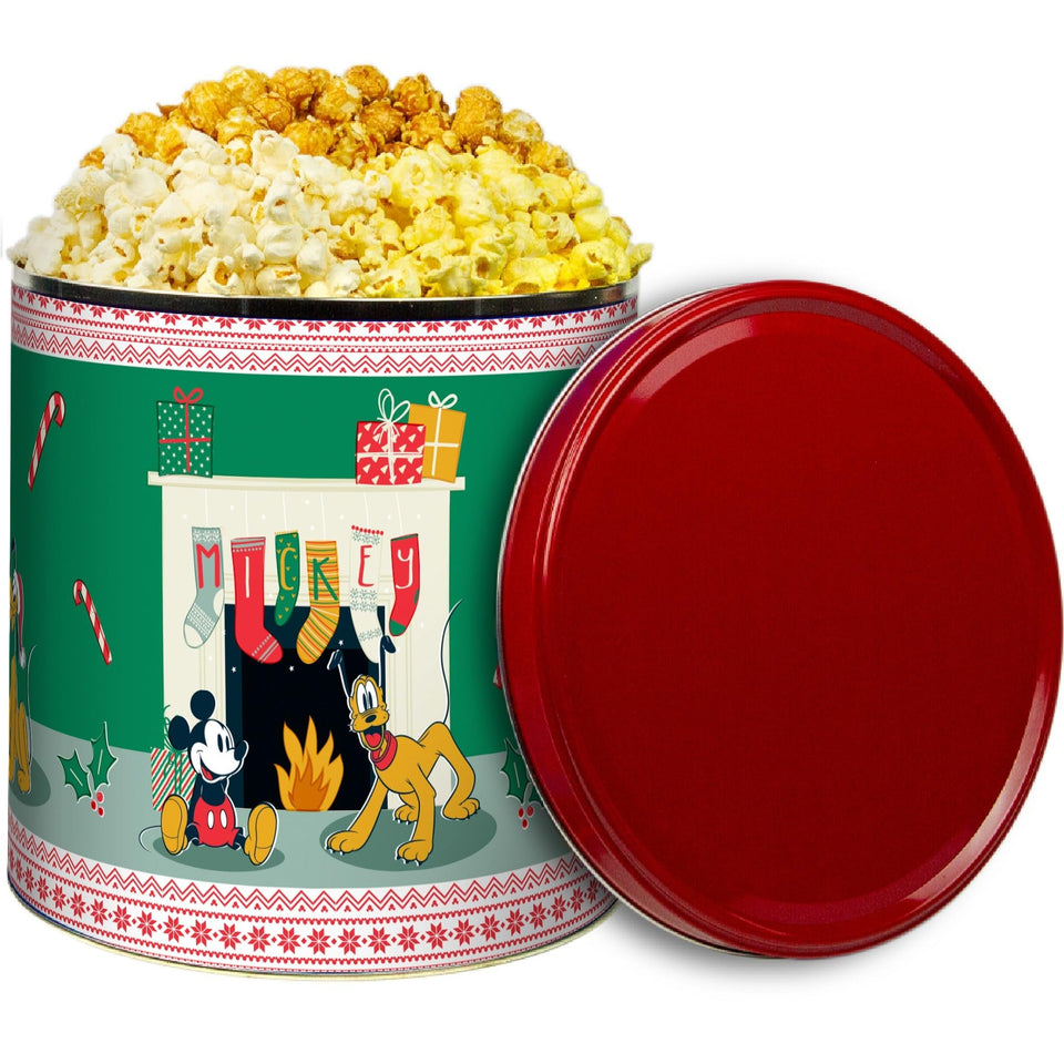 GiftPop popcorn tin front view with festive Mickey artwork and holiday appeal