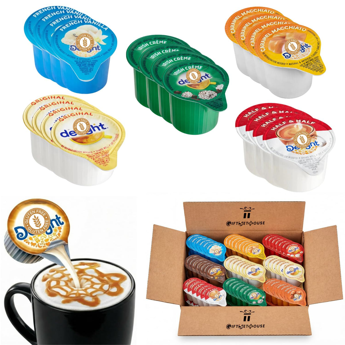 GIFTSETHOUSE coffee creamer singles with French Vanilla foil-sealed lids for fresh flavor in every cup.