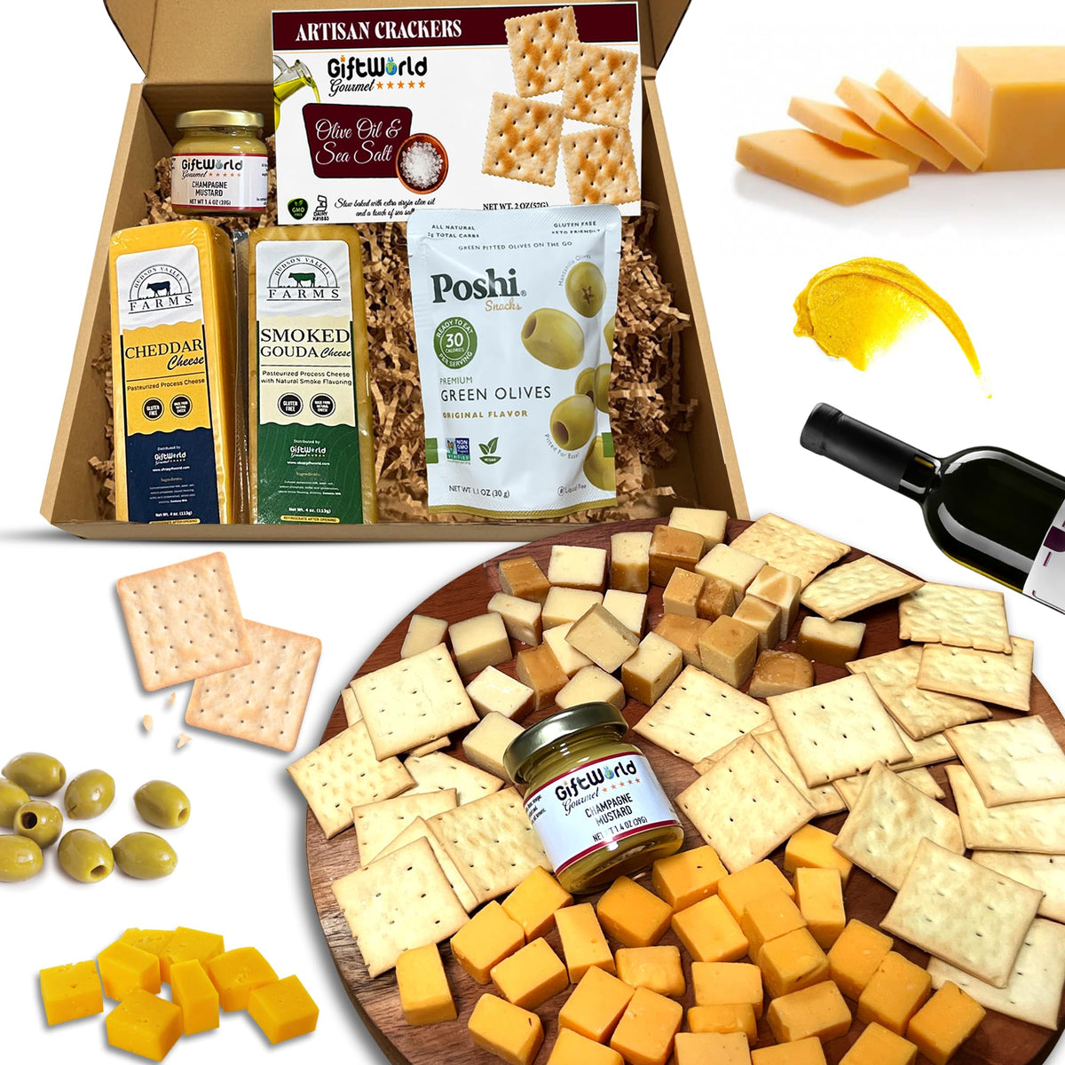 GiftWorld champagne mustard spread adds tangy contrast to cheese boards.
