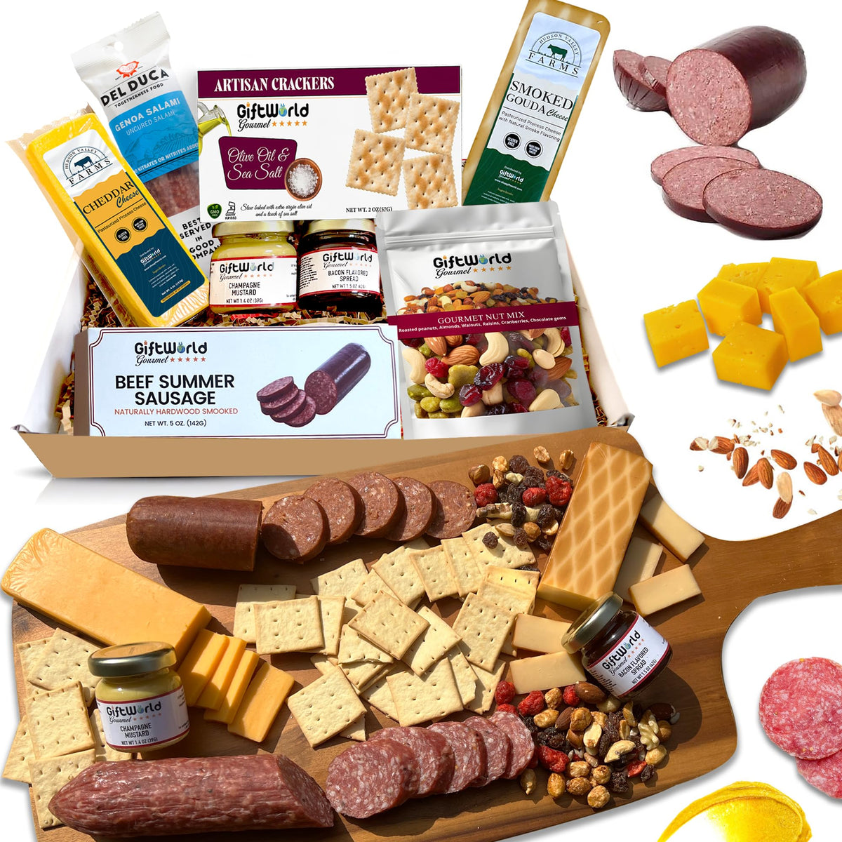 GiftWorld charcuterie basket offers an 8-item assortment for festive gifting.