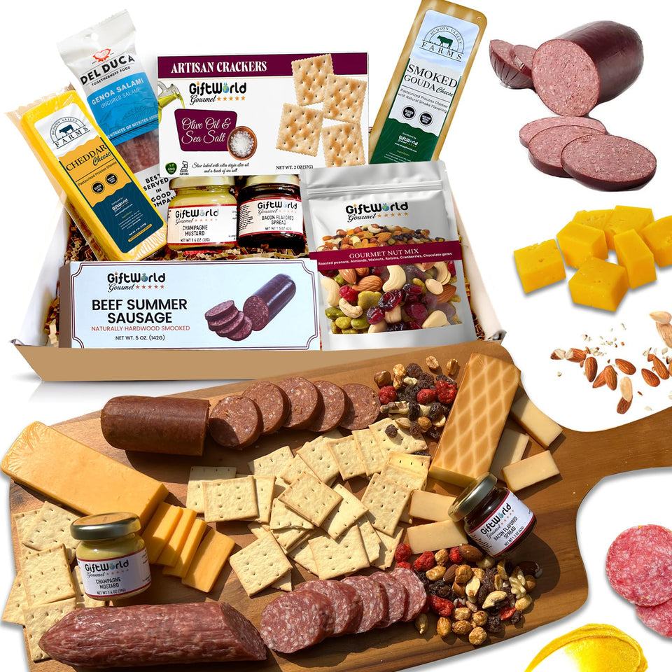 GiftWorld charcuterie basket offers an 8-item assortment for festive gifting.