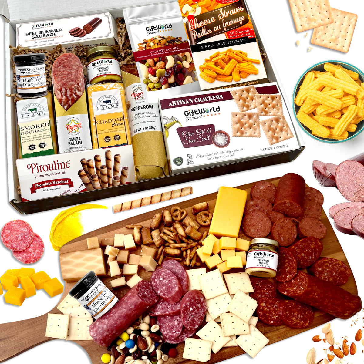 GiftWorld deluxe meat and cheese basket in a ready-to-gift box for celebrations