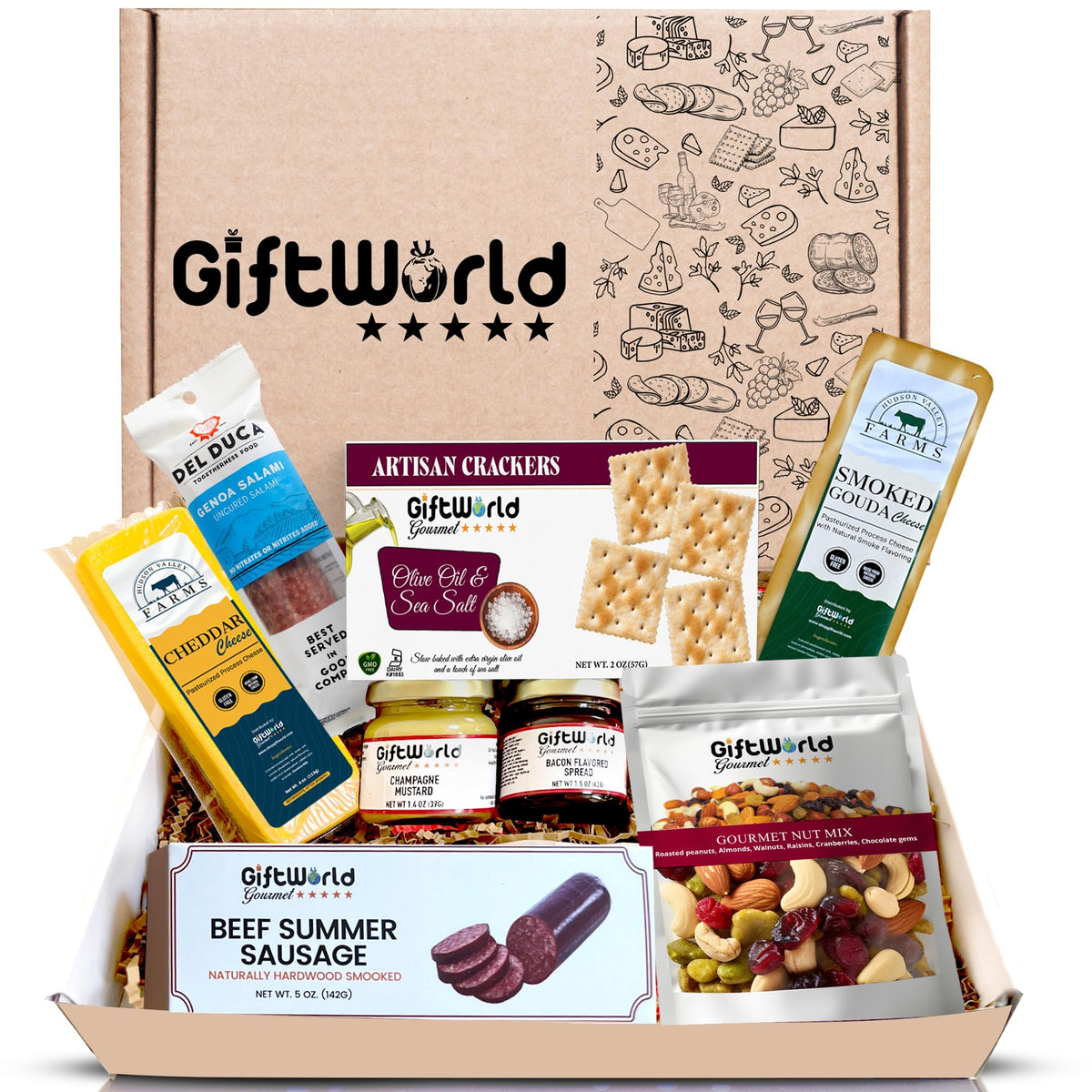 GiftWorld meat and cheese selection arranged for easy entertaining at gatherings.
