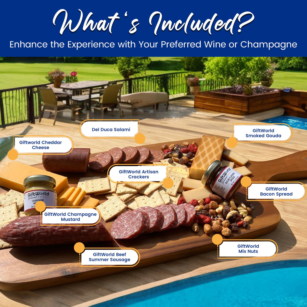 GiftWorld salami and beef summer sausage with cheddar and gouda for a party board.