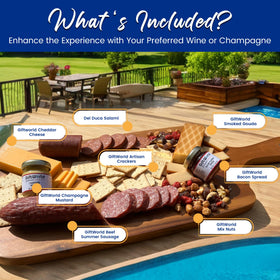 GiftWorld salami and beef summer sausage with cheddar and gouda for a party board.