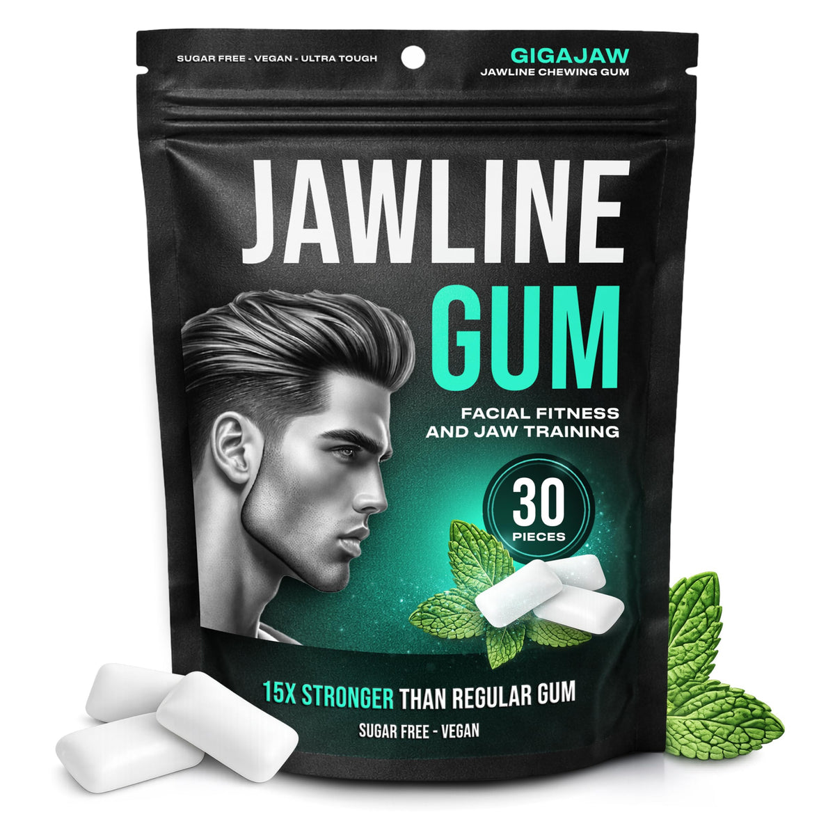 GigaJaw Jawline Gum 15x hardness for intense workouts engaging facial muscles.