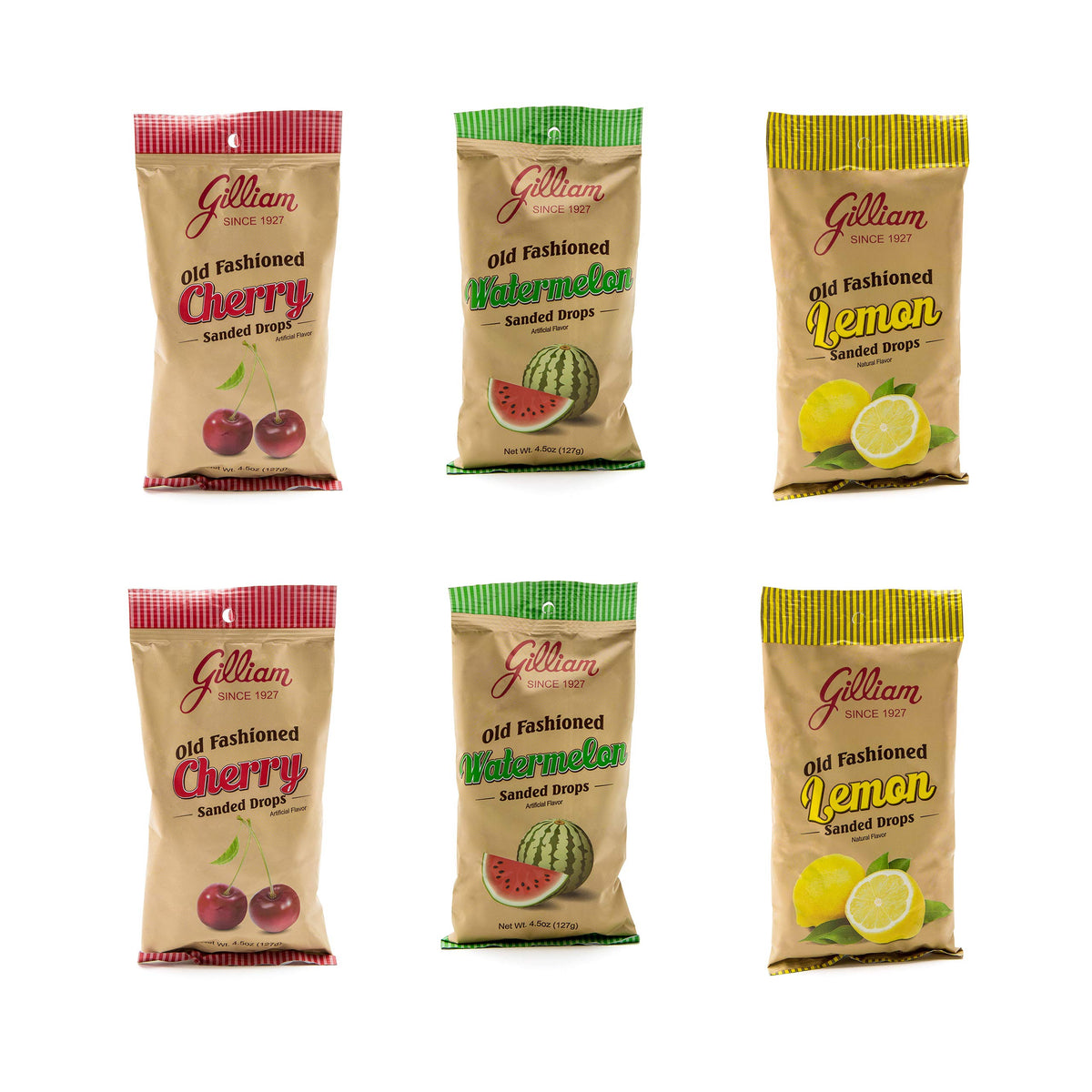 Gilliam Old Fashioned Sanded Drops 6-pack bags, ideal for sharing or gifting